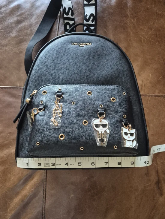 Karl Lagerfeld Paris Black  Backpack with Logo Straps and Charm Accents - Picture 13 of 16